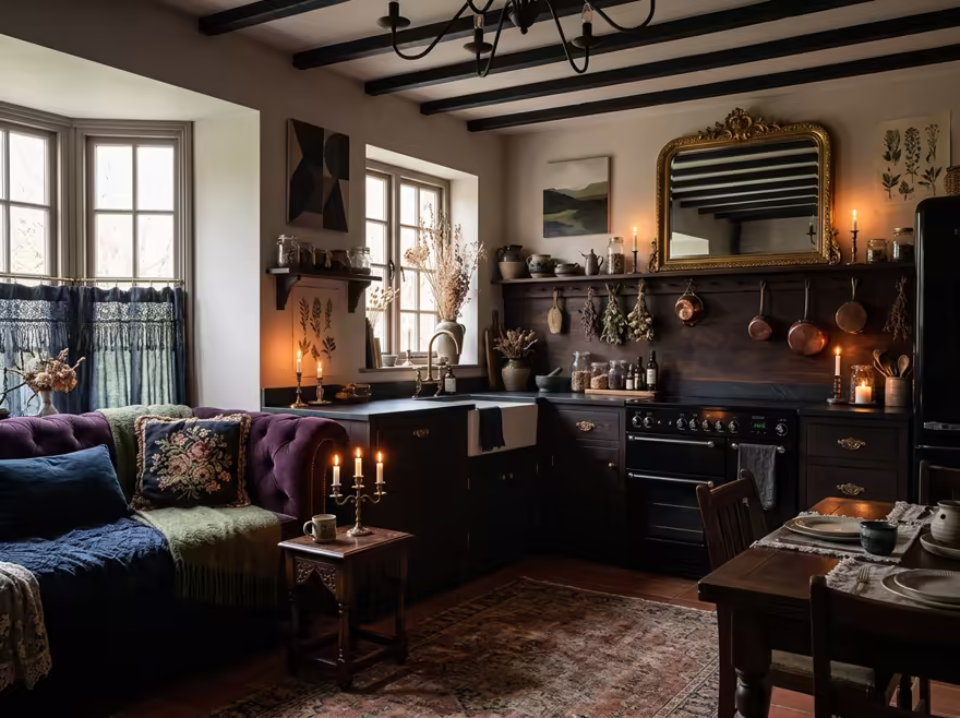 AI-generated whimsigoth kitchen interior design: a velvet sofa in inky plum