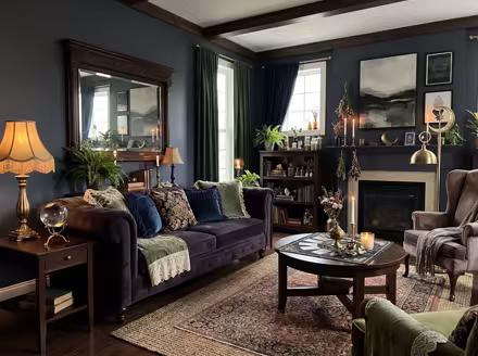 AI-generated whimsigoth living room interior design: a velvet sofa in inky plum