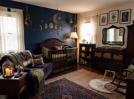 AI-generated whimsigoth nursery interior design: a velvet sofa in inky plum