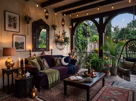 AI-generated whimsigoth patio interior design: a velvet sofa in inky plum