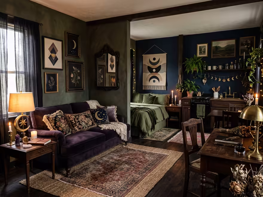 AI-generated whimsigoth studio apartment interior design: a velvet sofa in inky plum