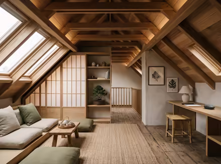 AI-generated zen attic interior design: serene japanese minimalism