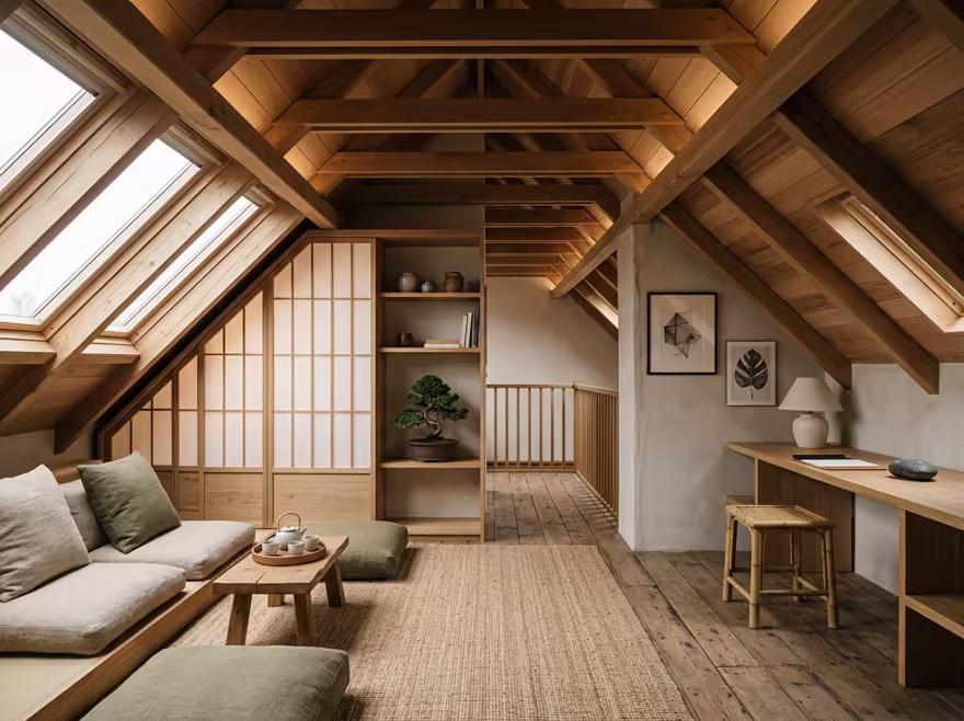 AI-generated zen attic interior design: serene japanese minimalism