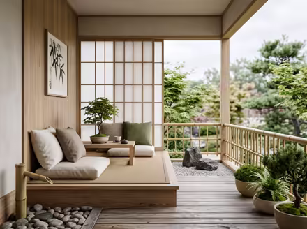 AI-generated zen balcony interior design: serene japanese minimalism