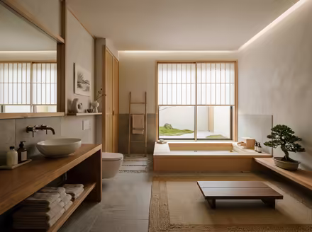 AI-generated zen bathroom interior design: serene japanese minimalism