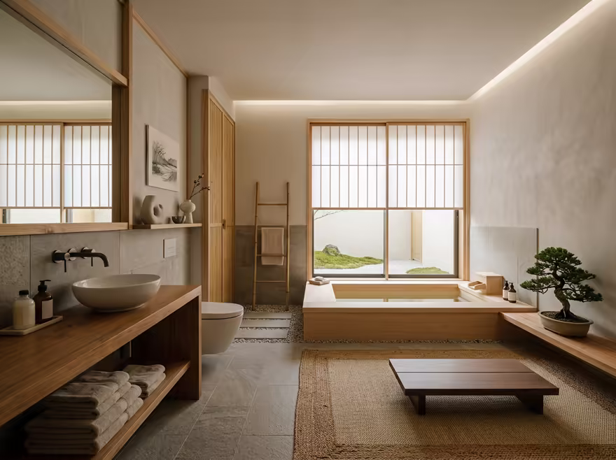 AI-generated zen bathroom interior design: serene japanese minimalism