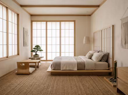 AI-generated zen bedroom interior design: serene japanese minimalism