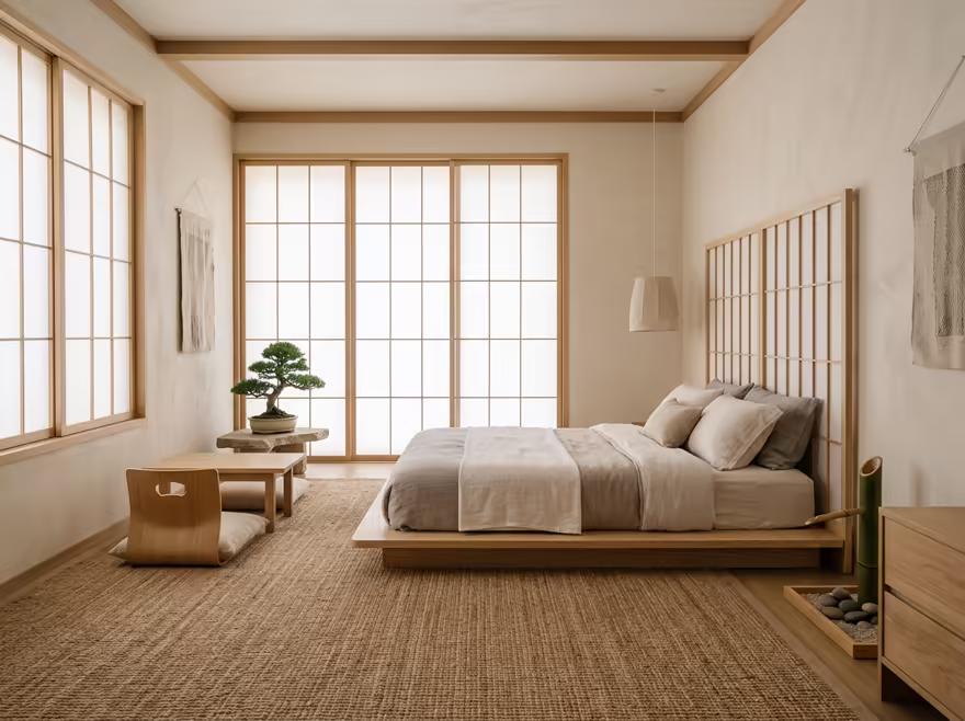 AI-generated zen bedroom interior design: serene japanese minimalism