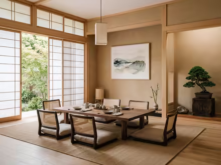 AI-generated zen dining room interior design: serene japanese minimalism