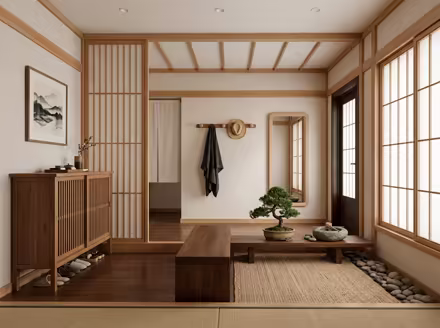 AI-generated zen entryway interior design: serene japanese minimalism
