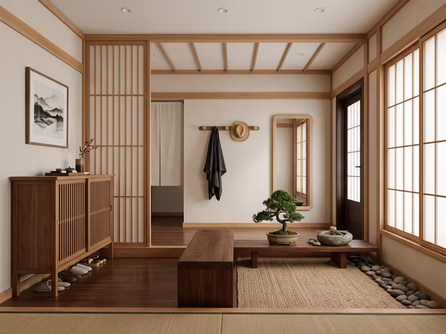AI-generated zen entryway interior design: serene japanese minimalism