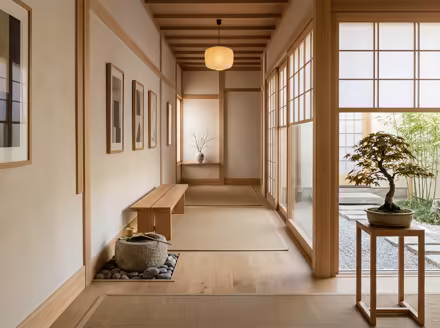 AI-generated zen hallway interior design: serene japanese minimalism