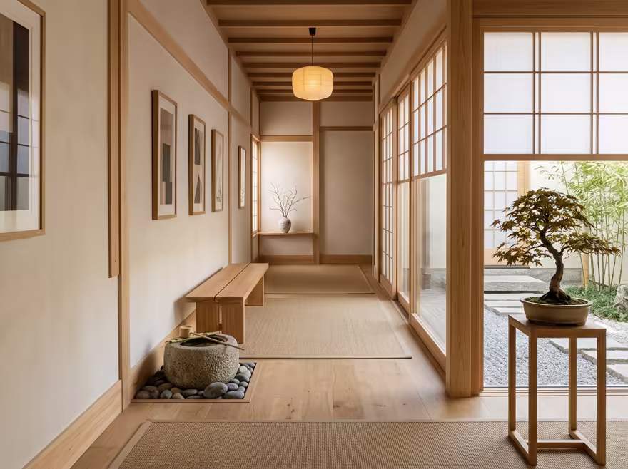 AI-generated zen hallway interior design: serene japanese minimalism