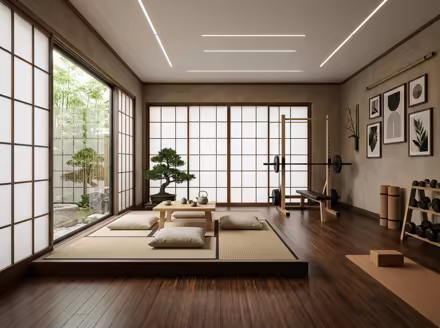 AI-generated zen home gym interior design: serene japanese minimalism