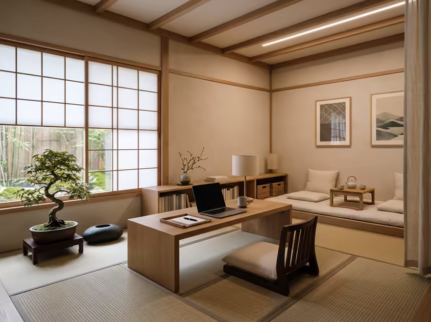 AI-generated zen home office interior design: serene japanese minimalism