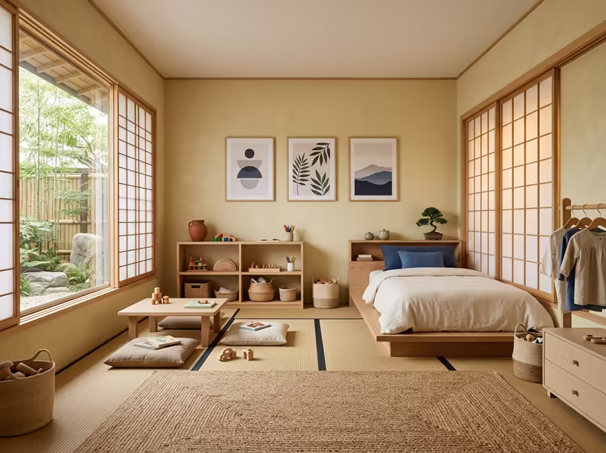 AI-generated zen kids room interior design: serene japanese minimalism