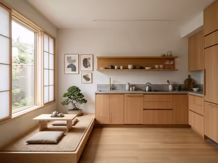 AI-generated zen kitchen interior design: serene japanese minimalism