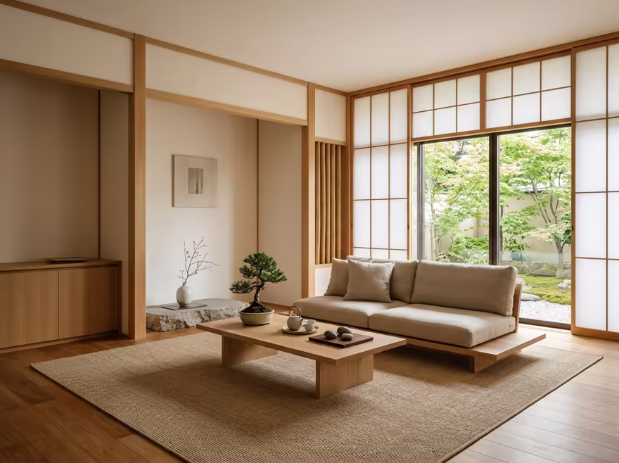 AI-generated zen living room interior design: serene japanese minimalism