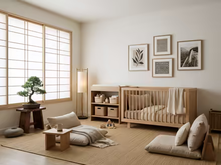AI-generated zen nursery interior design: serene japanese minimalism