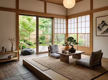 AI-generated zen patio interior design: serene japanese minimalism