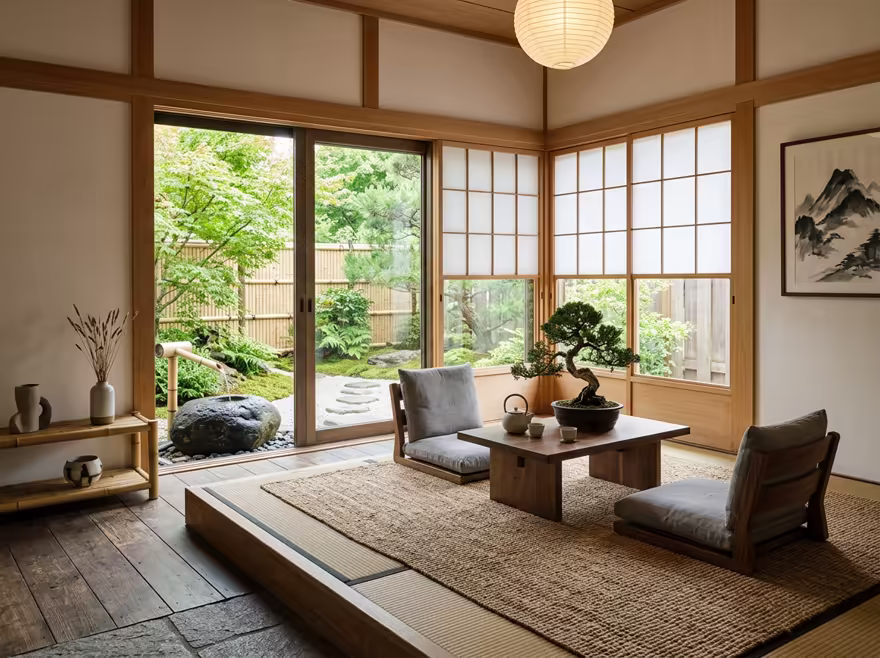 AI-generated zen patio interior design: serene japanese minimalism