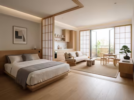 AI-generated zen studio apartment interior design: serene japanese minimalism