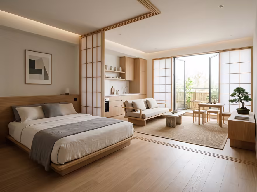 AI-generated zen studio apartment interior design: serene japanese minimalism